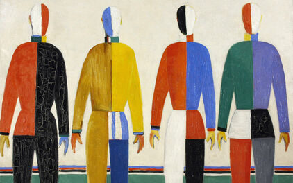 Modernistisk målning föreställande fyra personer i sportkläder i klara färger.