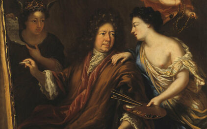 1600-talsportätt föreställande en man i lockig peruk omgiven av allegoriska figurer.