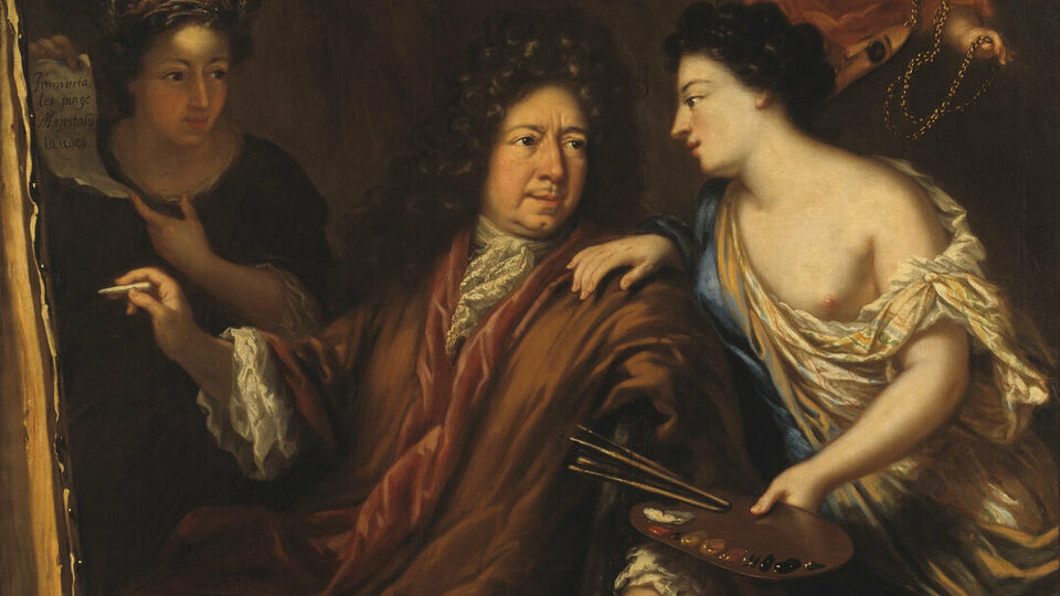 1600-talsportätt föreställande en man i lockig peruk omgiven av allegoriska figurer.