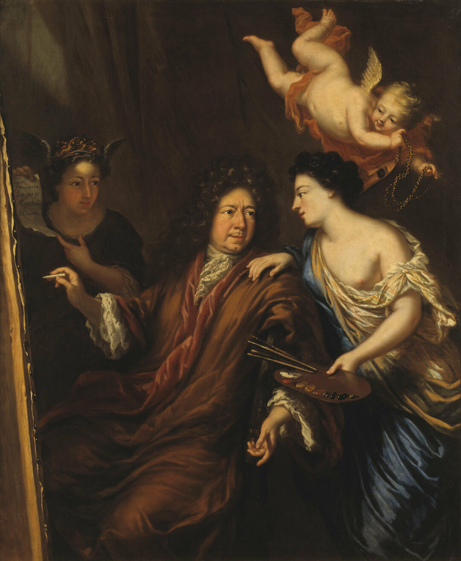 1600-talsportätt föreställande en man i lockig peruk omgiven av allegoriska figurer.