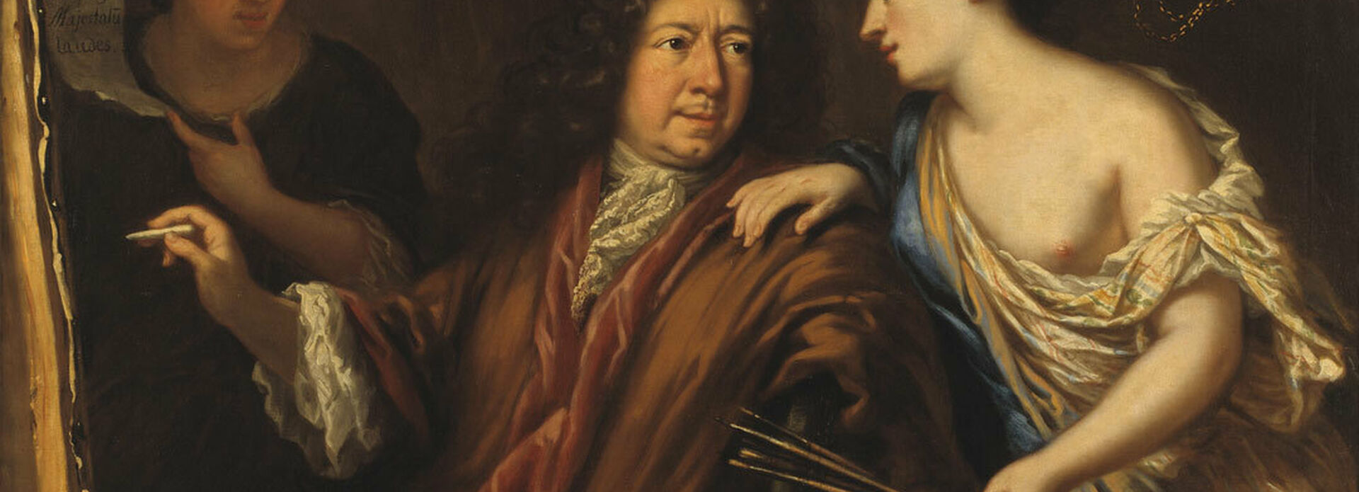 1600-talsportätt föreställande en man i lockig peruk omgiven av allegoriska figurer.