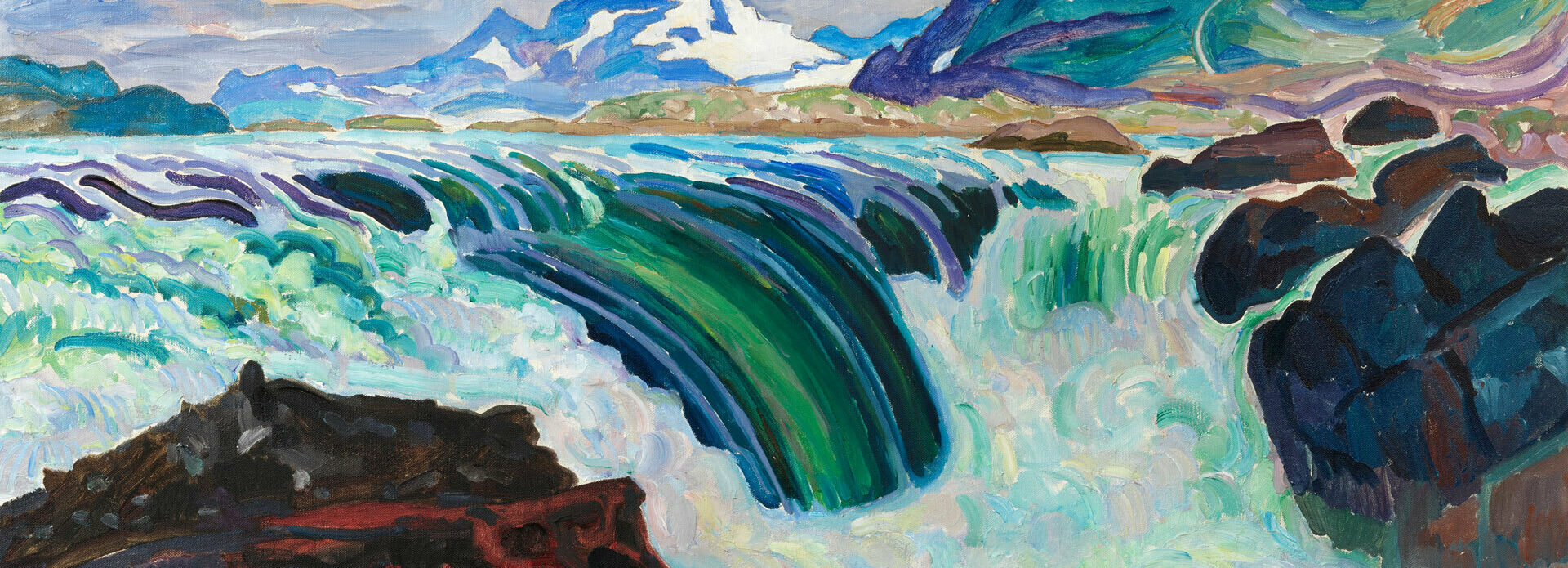 Målning föreställande ett fjällandskap med ett vattenfall i förgrunden.