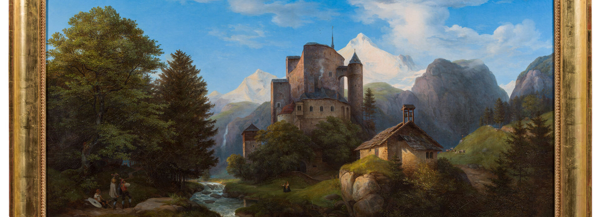 Målning av en borg på en skogsklädd höjd med ett strömmande vattendrag nedanför.