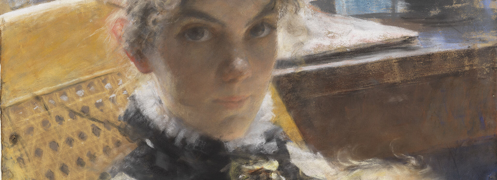 Pastellmålning föreställane en ung mamma som håller sitt lilla barn i famnen.