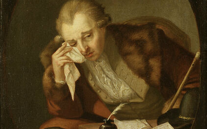 Äldre målning som föreställer en man som sitter och gråter. Han torkar tårarna med en näsduk.