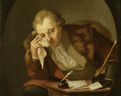 Äldre målning som föreställer en man som sitter och gråter. Han torkar tårarna med en näsduk.