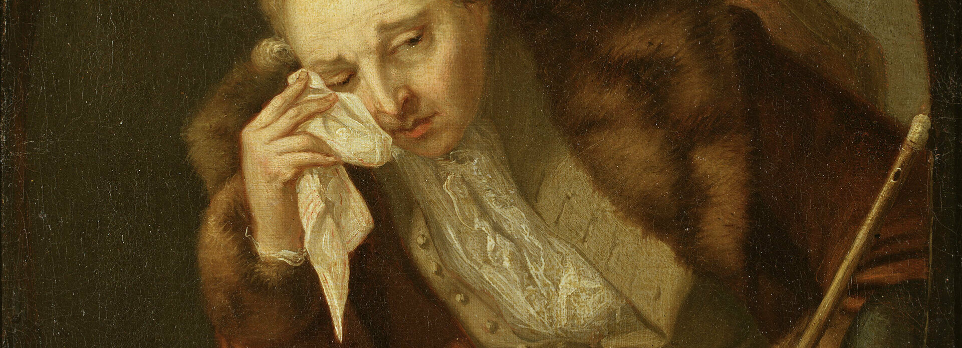 Äldre målning som föreställer en man som sitter och gråter. Han torkar tårarna med en näsduk.