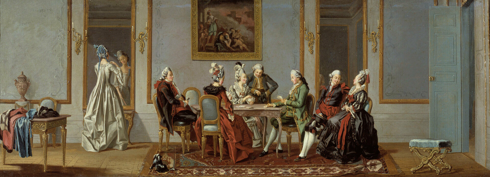 1700-talsmålning med ett sällskap med människor i eleganta kläder som sitter vid ett bord och spelar kort.