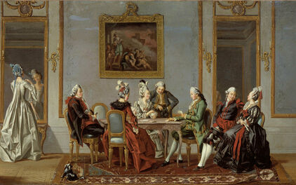 1700-talsmålning med ett sällskap med människor i eleganta kläder som sitter vid ett bord och spelar kort.