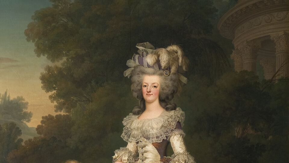 Adolf Ulrik Wertmüller, Drottning Marie Antoinette av Frankrike med två av sina barn promenerande i Trianons park, Sign. 1785, Olja på duk.
