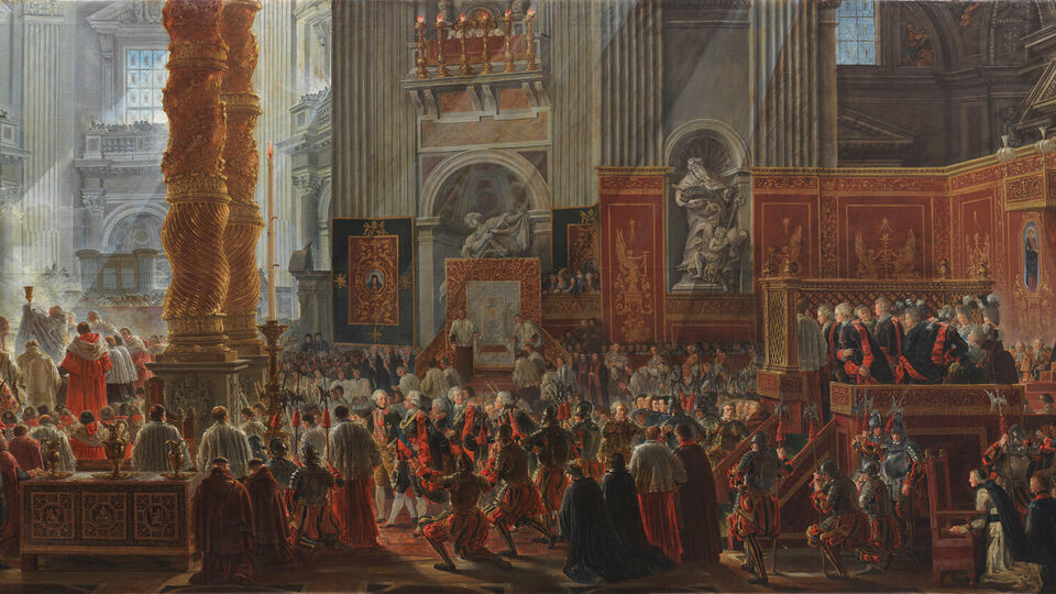Äldre målning som föreställer kung Gustav III som besöker en julmässa i Rom.
