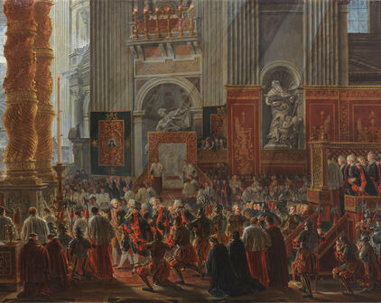 Äldre målning som föreställer kung Gustav III som besöker en julmässa i Rom.