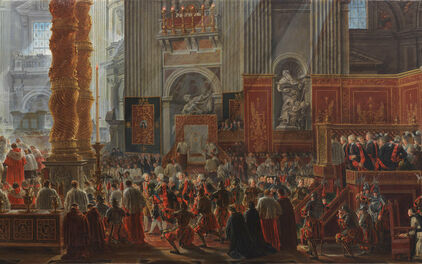 Äldre målning som föreställer kung Gustav III som besöker en julmässa i Rom.