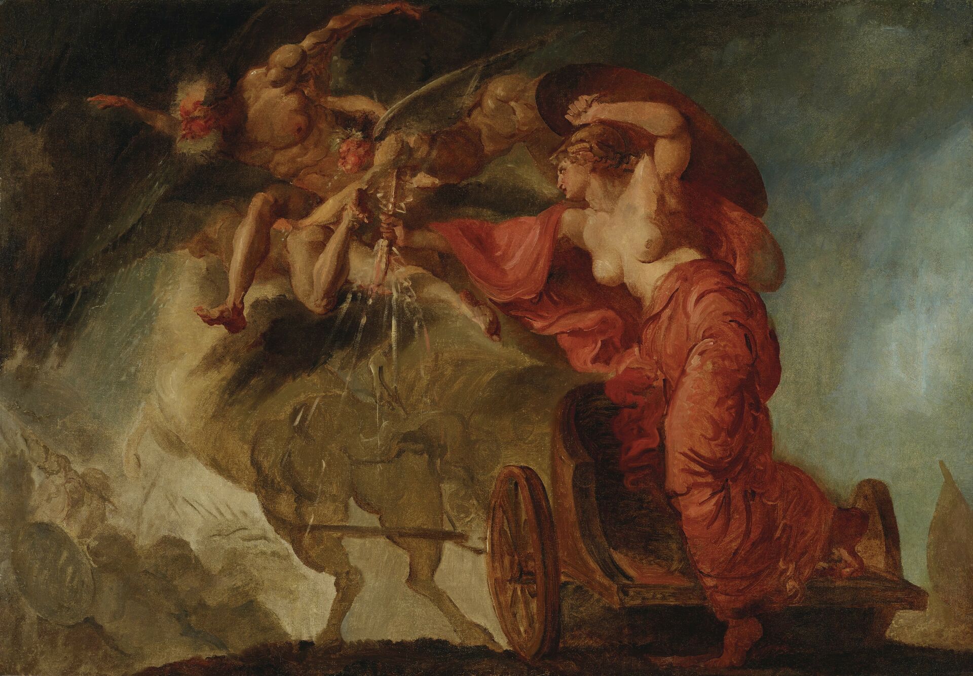 Målning där en kvinna stiger av sin vagn, dragen av hästar. I sin ena hand håller hon en sköld och i den andra en blixtrande Zeus-ljung. Över henne svävar en man (Nordanvinden), som är åtföljd av bevingade zefyrer ur vilkas munnar det kommer snöflingor.