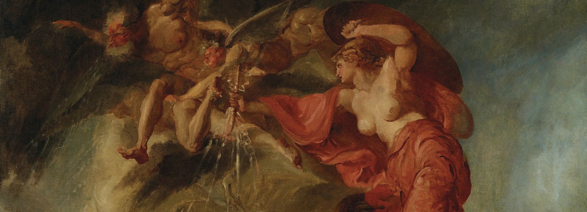 Målning där en kvinna stiger av sin vagn, dragen av hästar. I sin ena hand håller hon en sköld och i den andra en blixtrande Zeus-ljung. Över henne svävar en man (Nordanvinden), som är åtföljd av bevingade zefyrer ur vilkas munnar det kommer snöflingor.