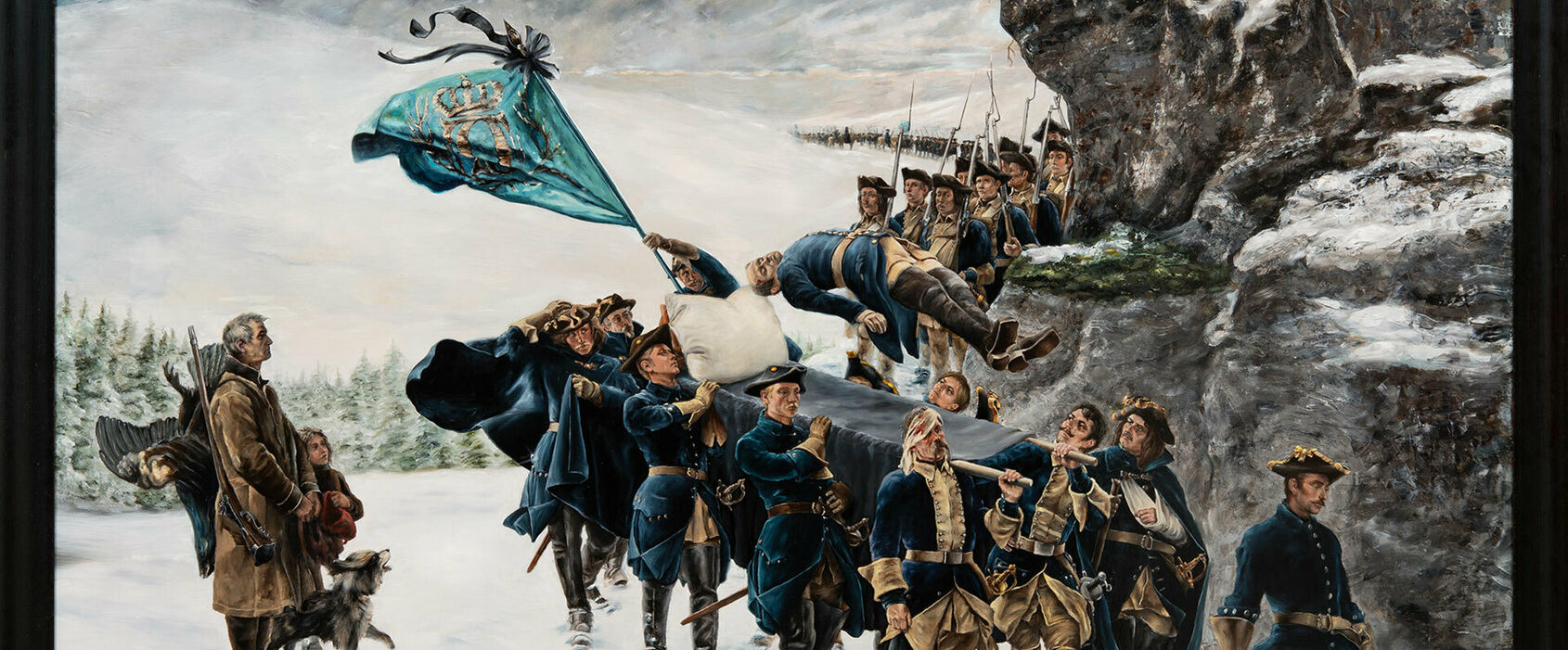 Nutida målning som utgår från målningen Karl XII:s likfärd. Ett tåg med soldater bär den döde kungen, som svävar en bit ovanför sin bår.