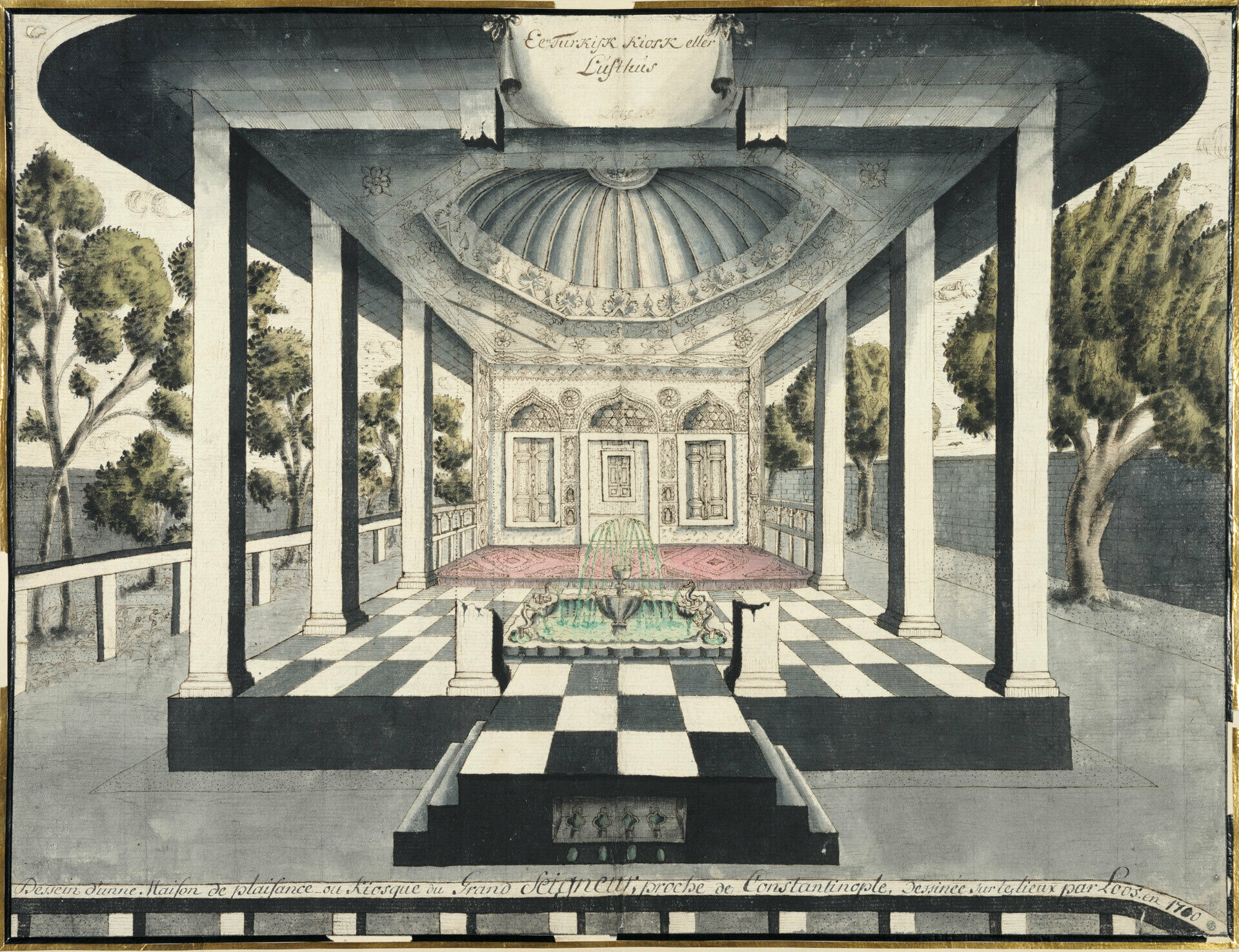 Öppet osmanskt lusthus med fontän, kolonner och kupol i en trädgård nära Istanbul, 1710.