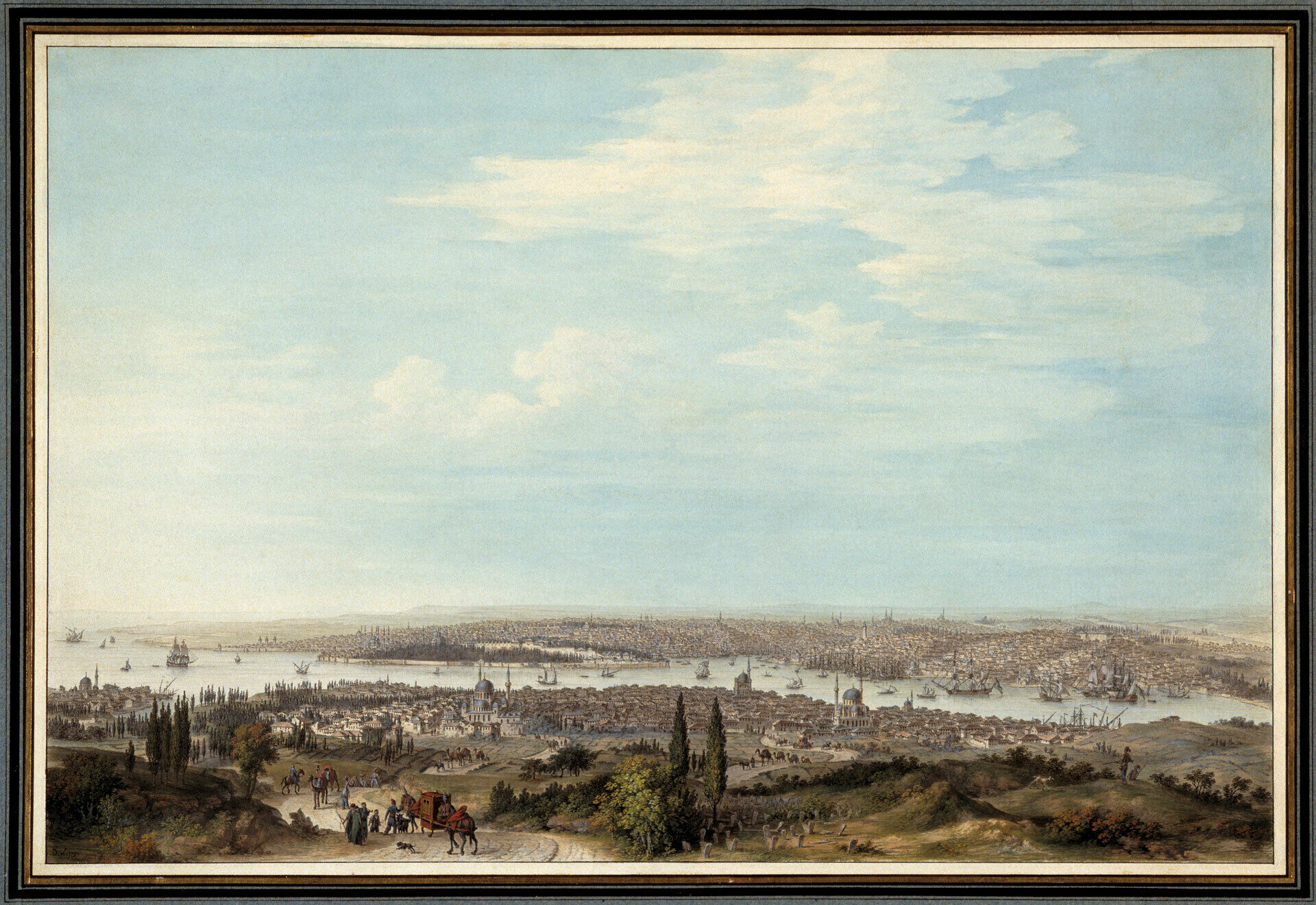 Panoramavy över Konstantinopel med hamn, moskéer, fartyg och människor i förgrunden.