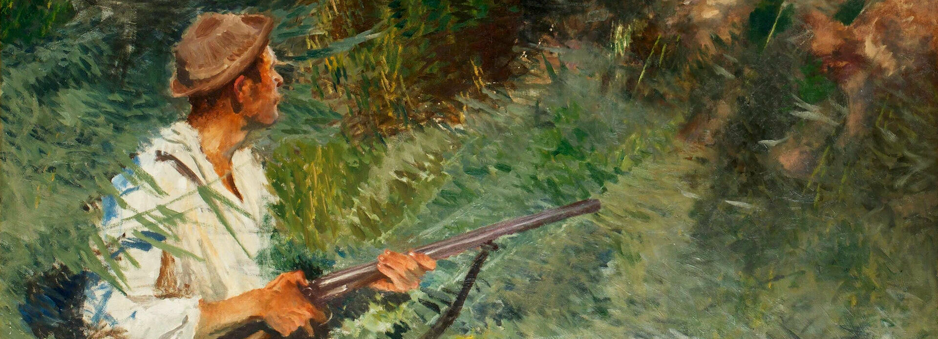 Äldre målning som föreställer en man som jagar änder.