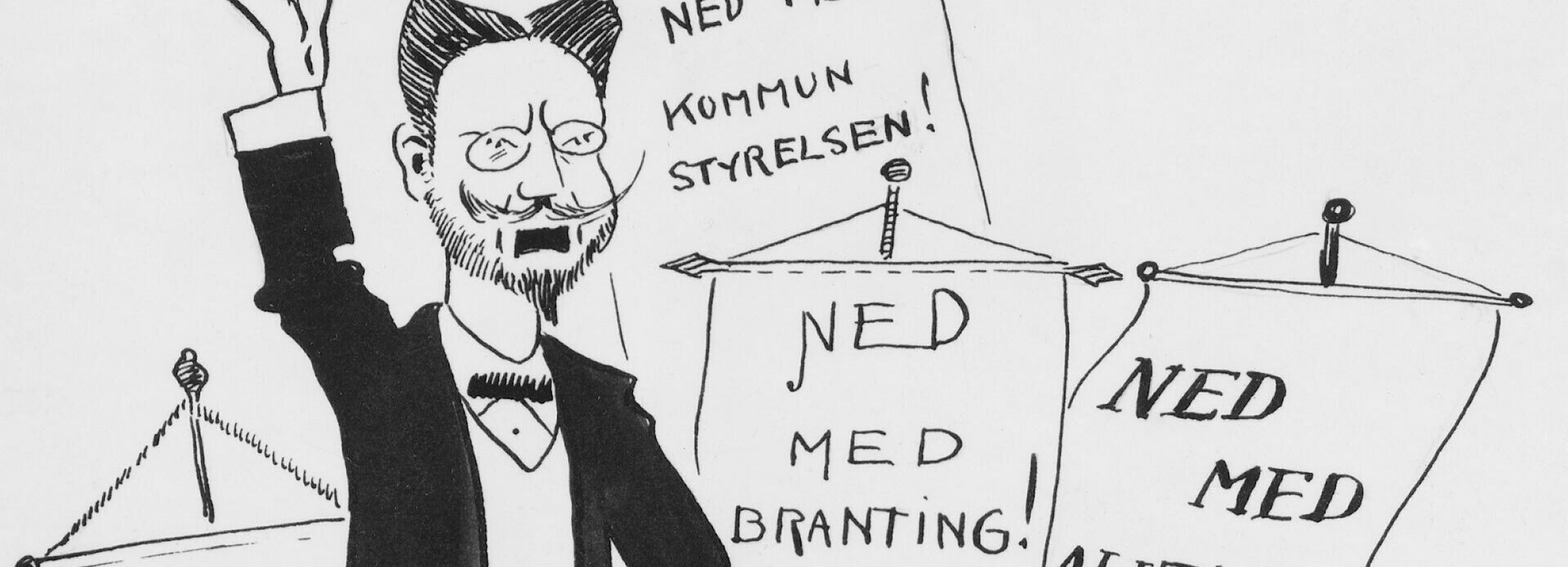 Satirteckning föreställande en man som står vid en pulpet och agiterar. I bakgrunden plakat med politiska slagord.