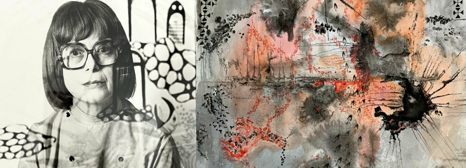 Kollage av ett svartvitt porträttfoto av en kvinna och en målning.