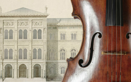Kollage med bilden av en cello framför en teckning som föreställer Nationalmuseum fasad sedd rakt framifrån.