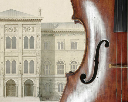 Kollage med bilden av en cello framför en teckning som föreställer Nationalmuseum fasad sedd rakt framifrån.