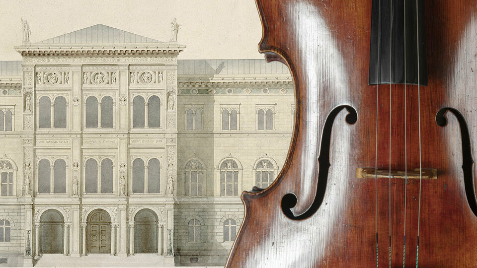 Kollage med bilden av en cello framför en teckning som föreställer Nationalmuseum fasad sedd rakt framifrån.