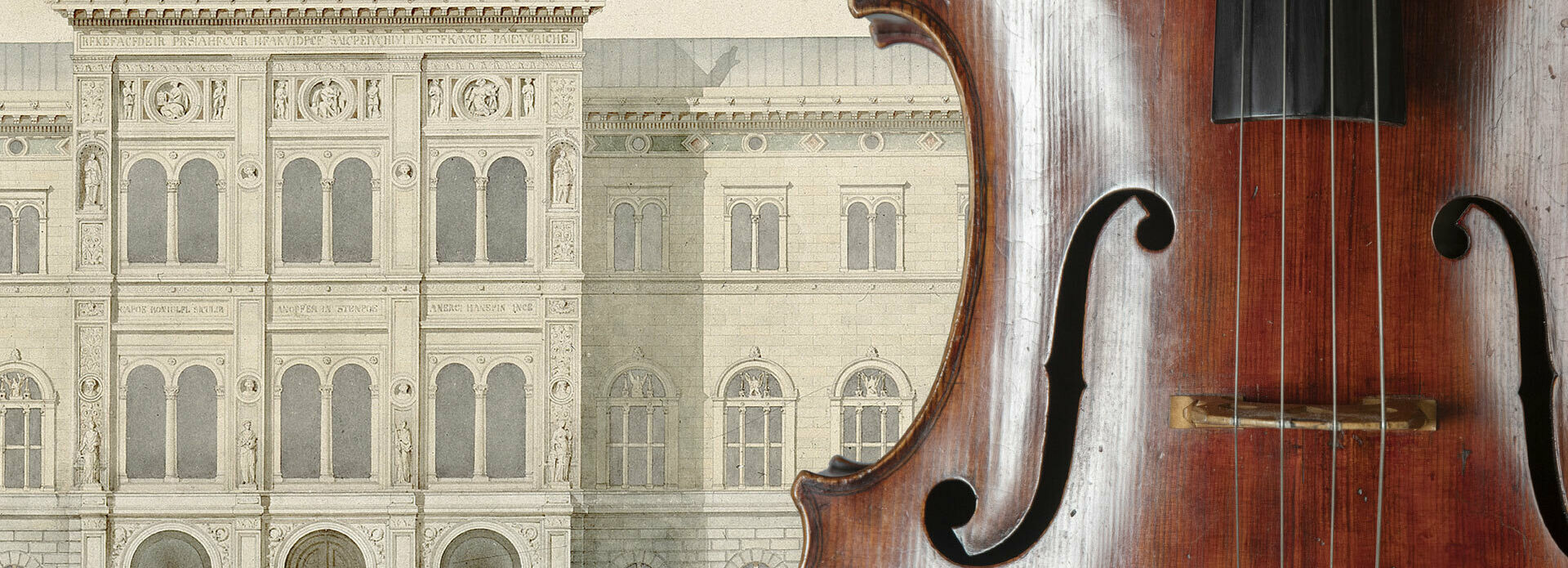 Kollage med bilden av en cello framför en teckning som föreställer Nationalmuseum fasad sedd rakt framifrån.