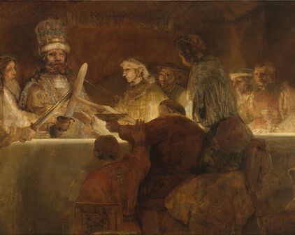 Oljemålning av Rembrandt som visar scenen när Bataverna sitter runt ett bord och höjer sina svärd för att svära en trohetsed till Claudius Civilis som bär en krona på huvudet.