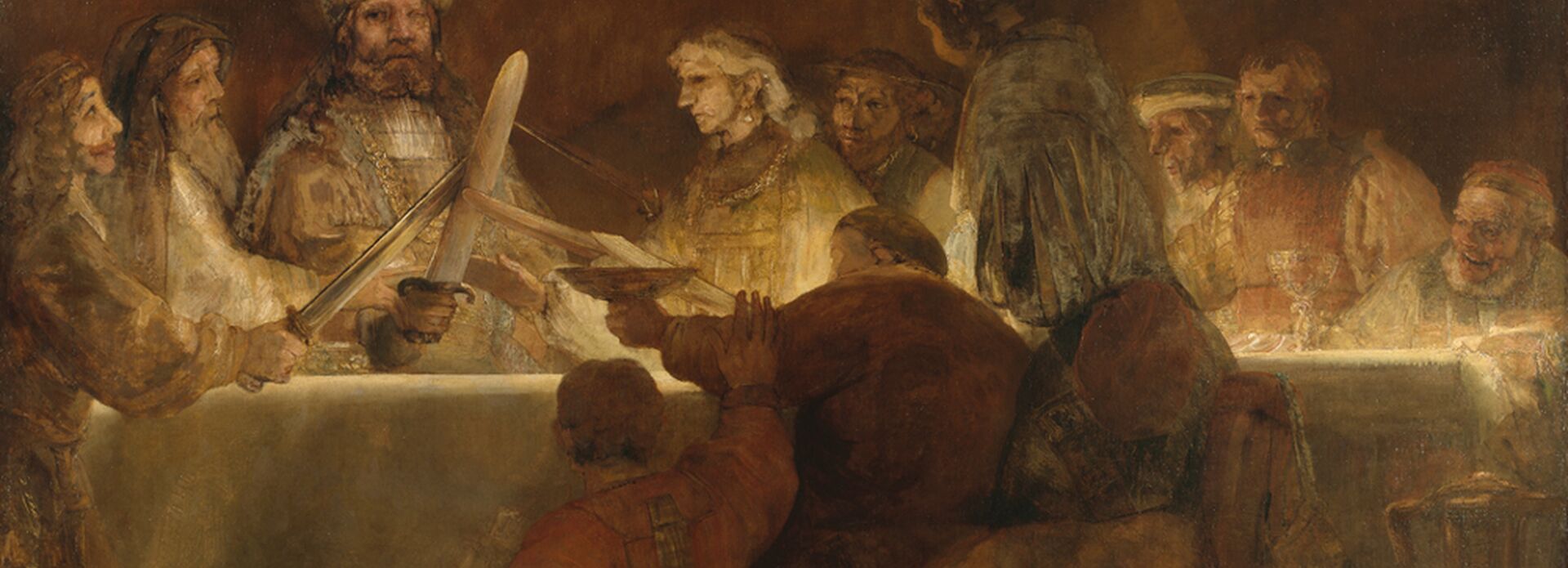 A group of people sitting around a table, raising their swords.