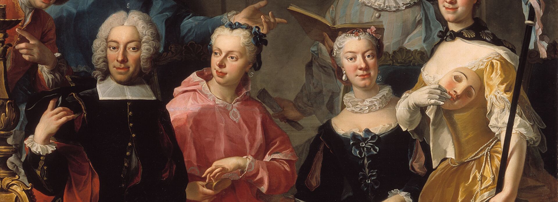 Oljemålning med sju personer i bild i 1700-tals kläder. Tre sitter och resten står upp.