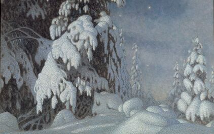 Målning över ett snöklätt vinterlandskap. Tung snö täcker ett barrträd i förgrunden.