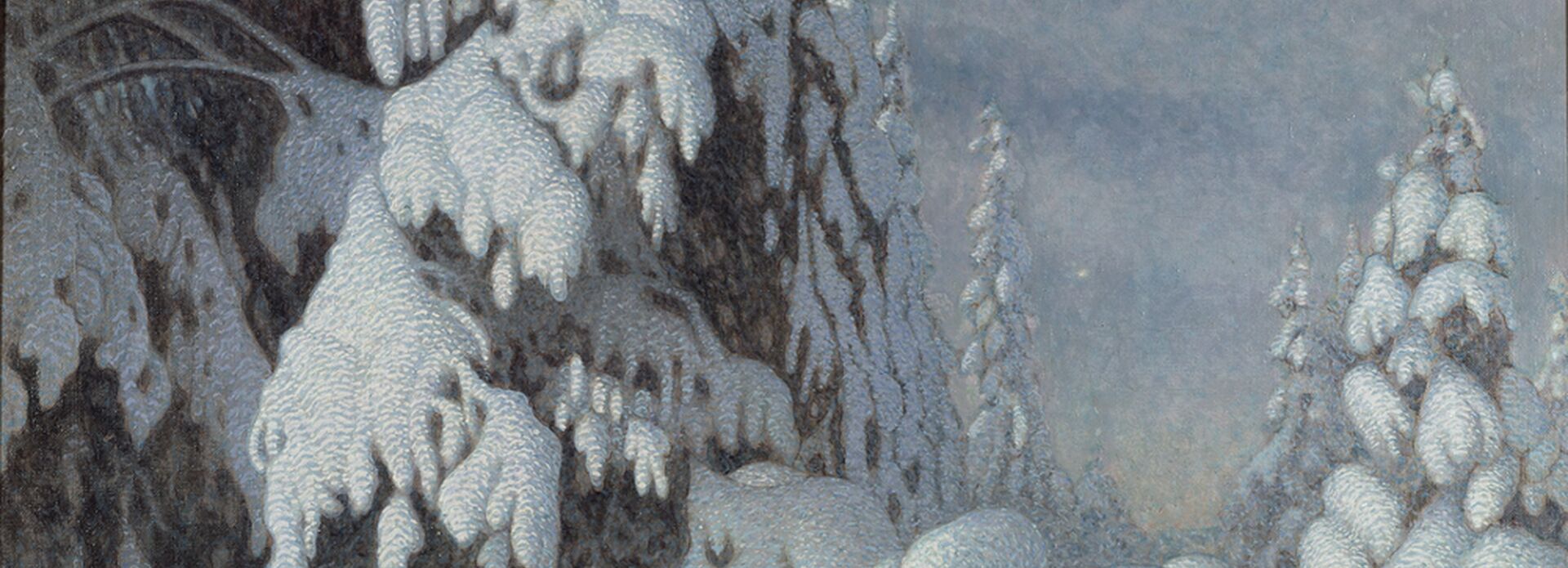 Målning över ett snöklätt vinterlandskap. Tung snö täcker ett barrträd i förgrunden.