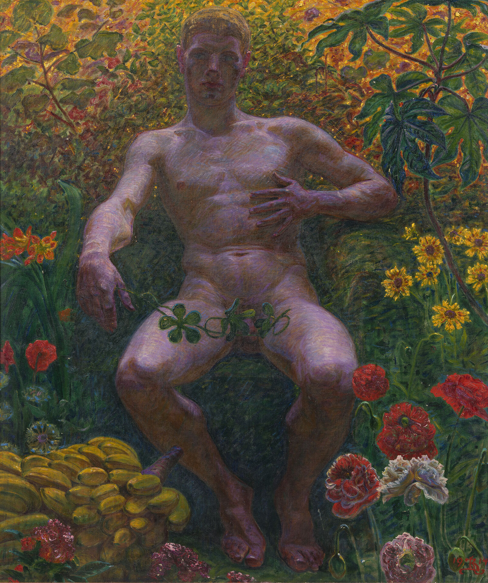 Mansfigur sittande naken i naturen.
