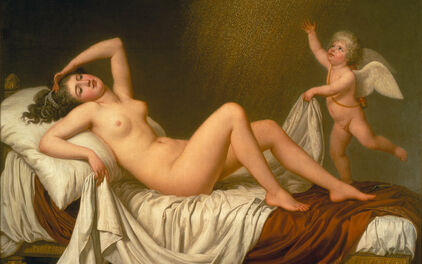Mytologis målning som föreställer en naken kvinna som ligger på en säng. Intill henne står en liten bevingad gosse och strör ut ett guldregn.