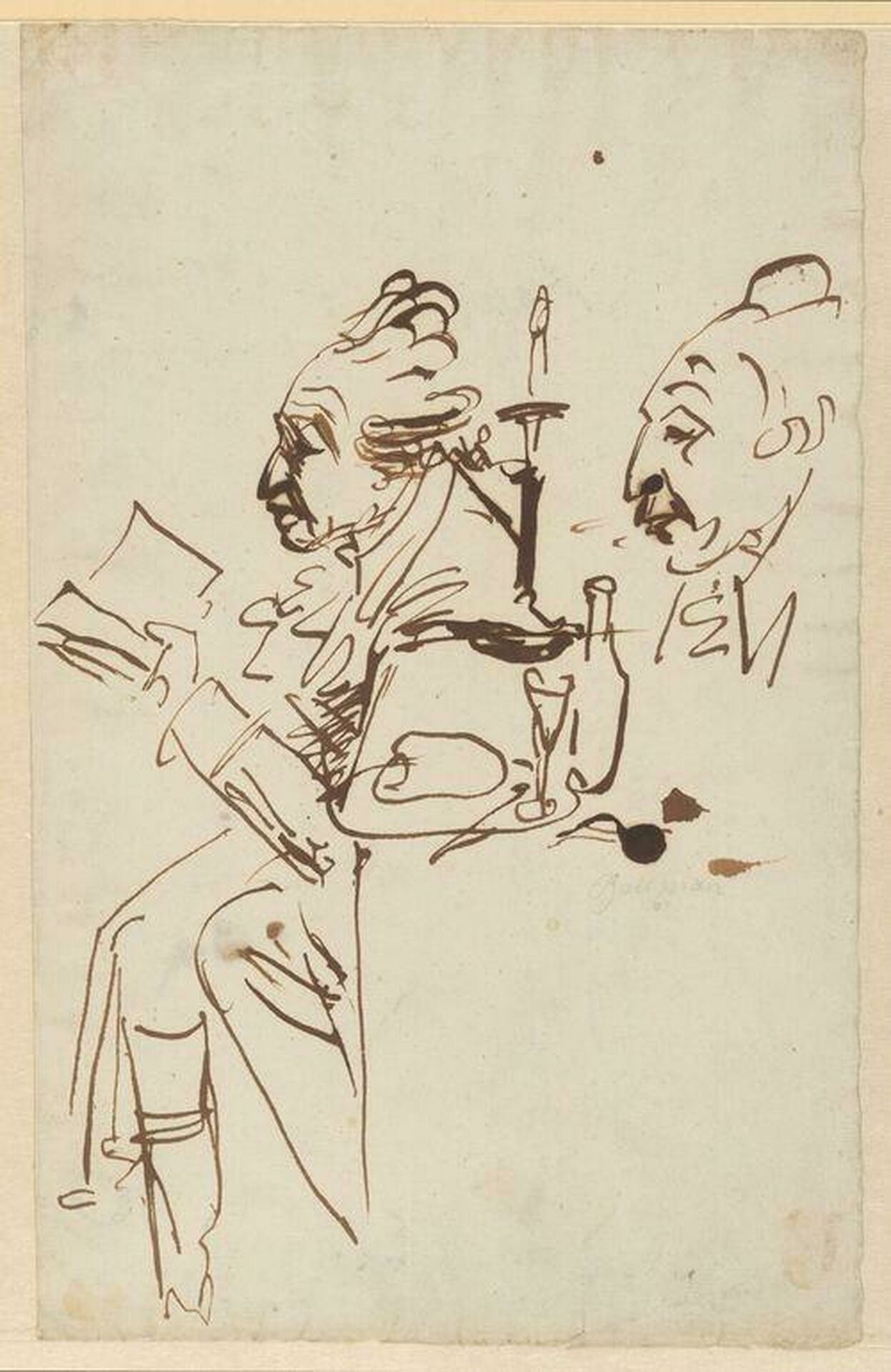 Skissartat tecknat porträtt föreställande en äldre man, Carl Micael Bellman, i profil.