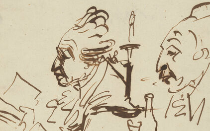 Skissartat tecknat porträtt föreställande en äldre man, Carl Micael Bellman, i profil.