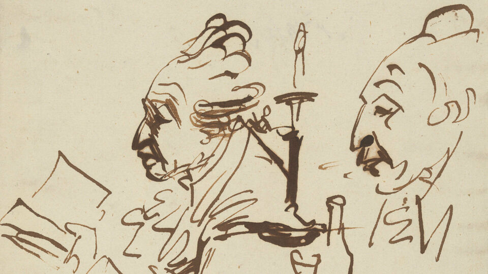 Skissartat tecknat porträtt föreställande en äldre man, Carl Micael Bellman, i profil.