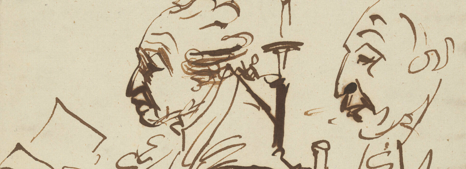 Skissartat tecknat porträtt föreställande en äldre man, Carl Micael Bellman, i profil.