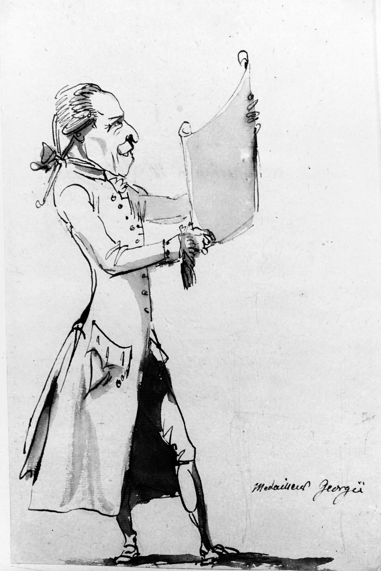 1700-talsteckning föreställande en man som med nöjd min betraktar ett dokument.