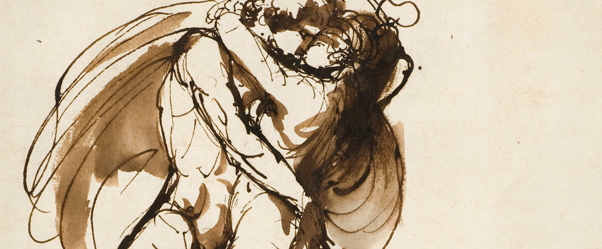 Detalj av en skissartad teckning i brunt bläck föreställande en man, iklädd endast en cape, och en naken kvinna som omfamnar varandra.