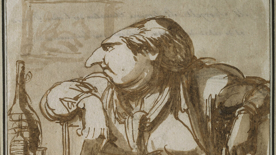 Tecknat självporträtt av Johan Tobias Sergel. Han sitter på en stol invid ett bord och har en vinflaska på bordet bredvid sig.