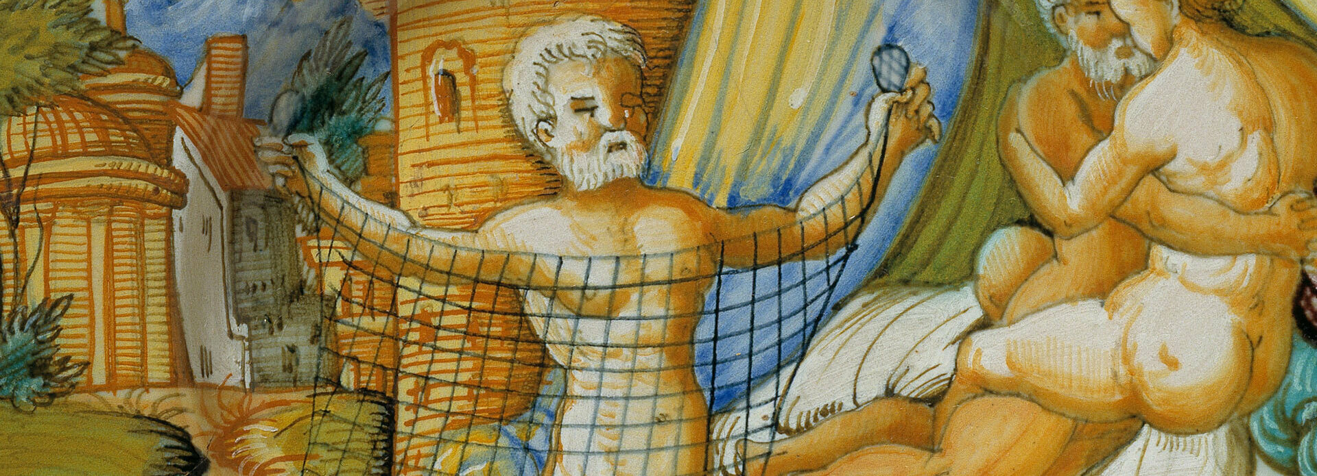 Tallrik från slutet av 1500-talet. Dekor i form scen där en man med fisknät står intill ett älskande par.