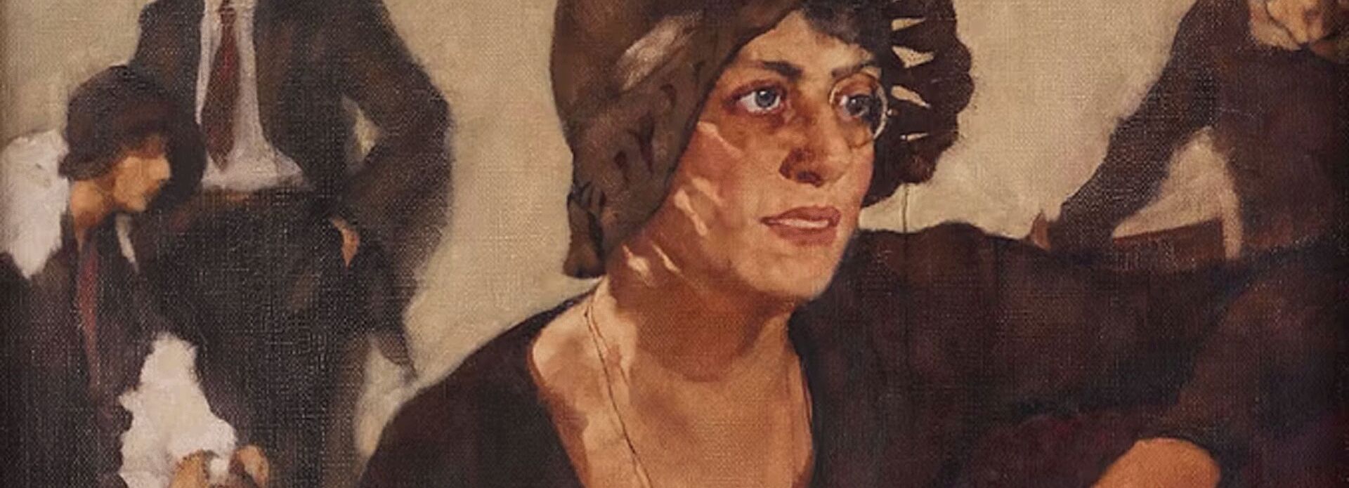 Porträtt av en kvinna från slutet av 1920-talet. Hon har attribut som signalerar "den nya moderna kvinnan", en monokel och cigarett. I bakgrunden "hänger" två män och en kvinna.