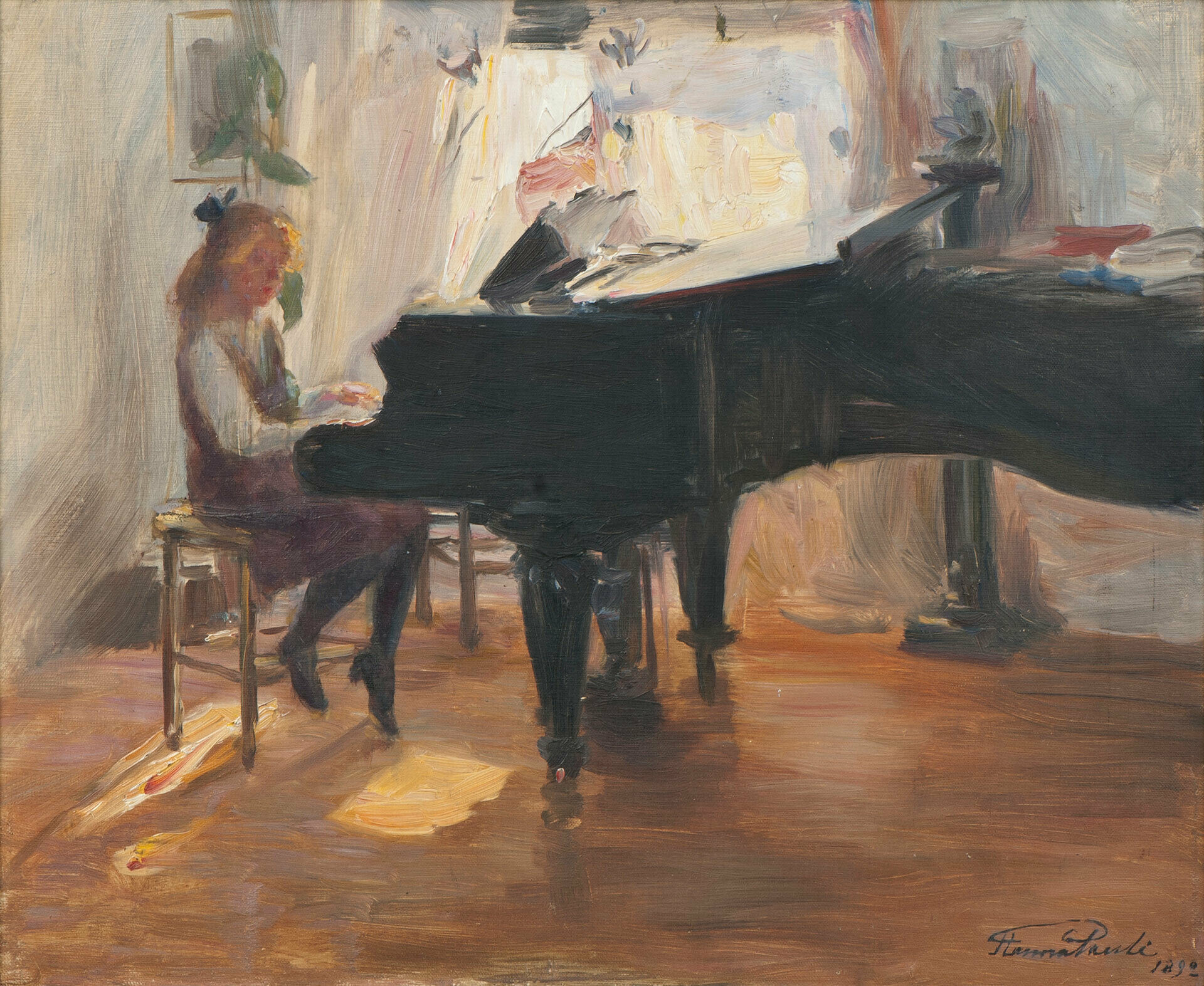 Äldre målning föreställande en flicka som sitter vid en flygel och spelar.