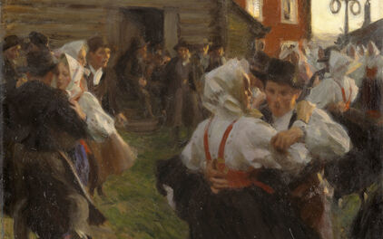 Målning som föreställer dansande par vid en midsommarstång.