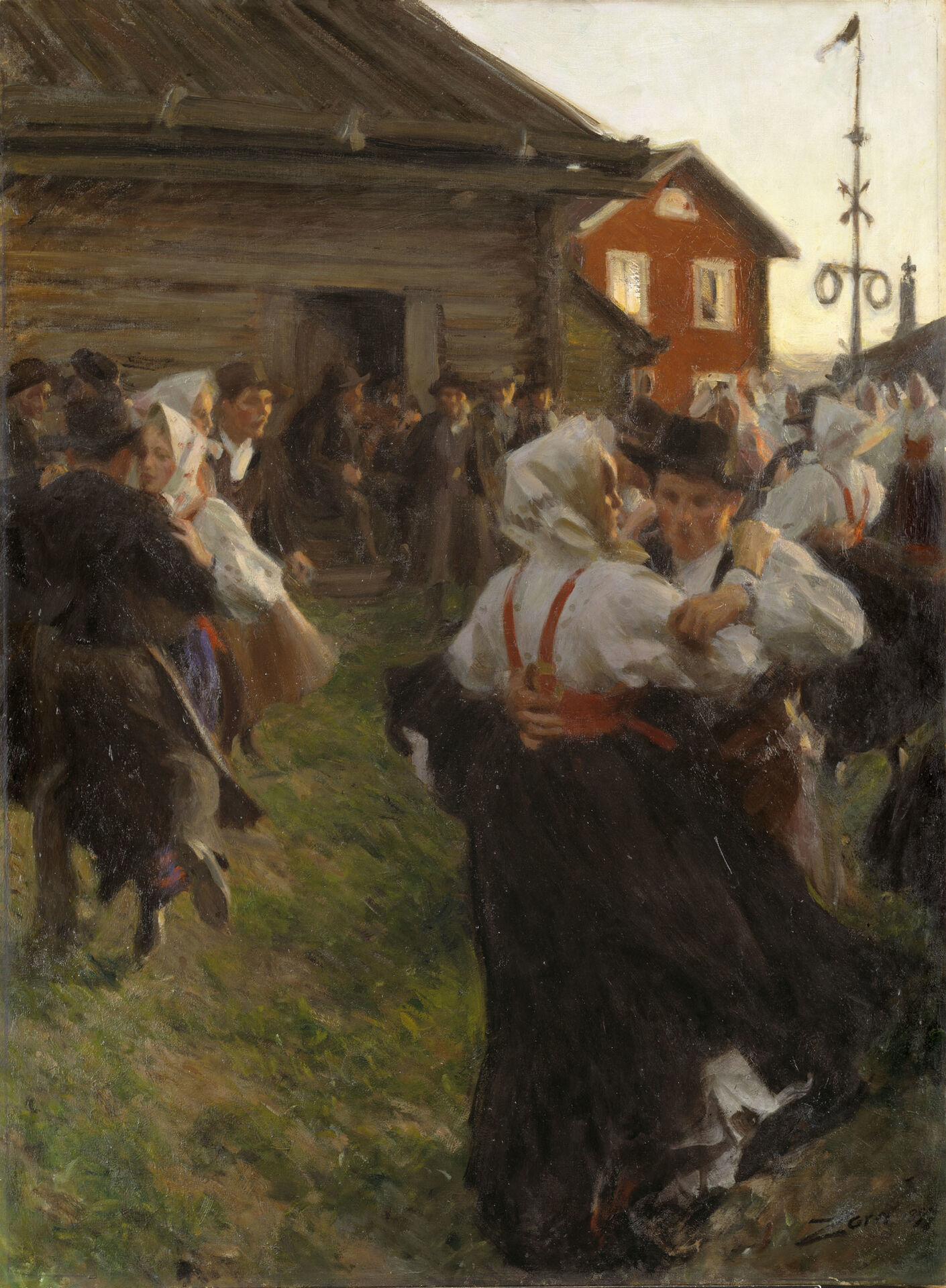 Målning som föreställer dansande par vid en midsommarstång.