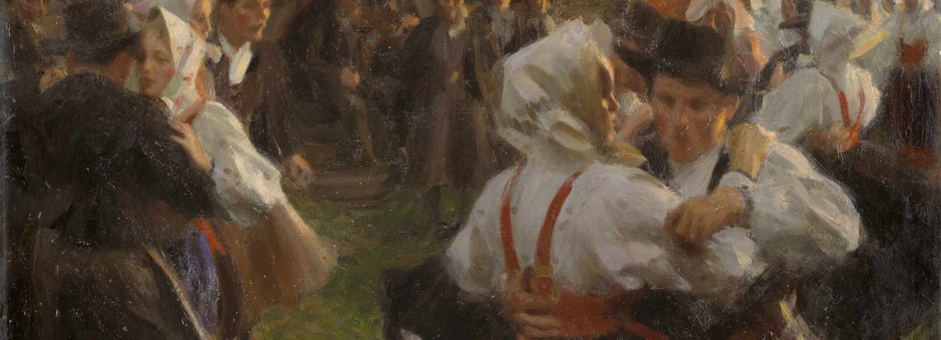 Målning som föreställer dansande par vid en midsommarstång.
