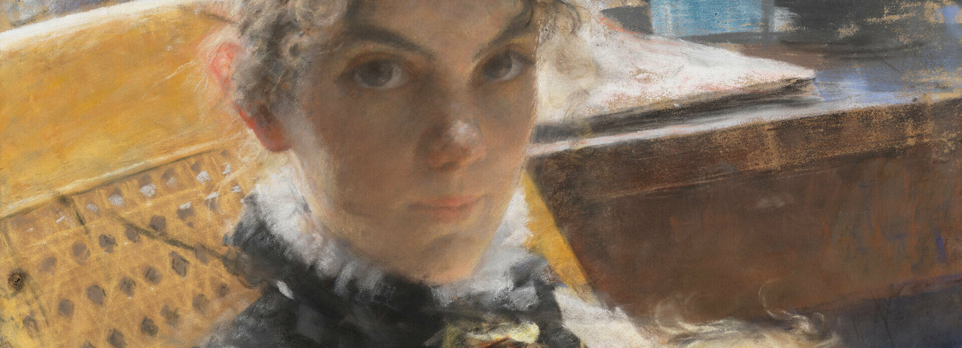 Målning som föreställer en ung kvinna som håller ett litet bar i sin famn.